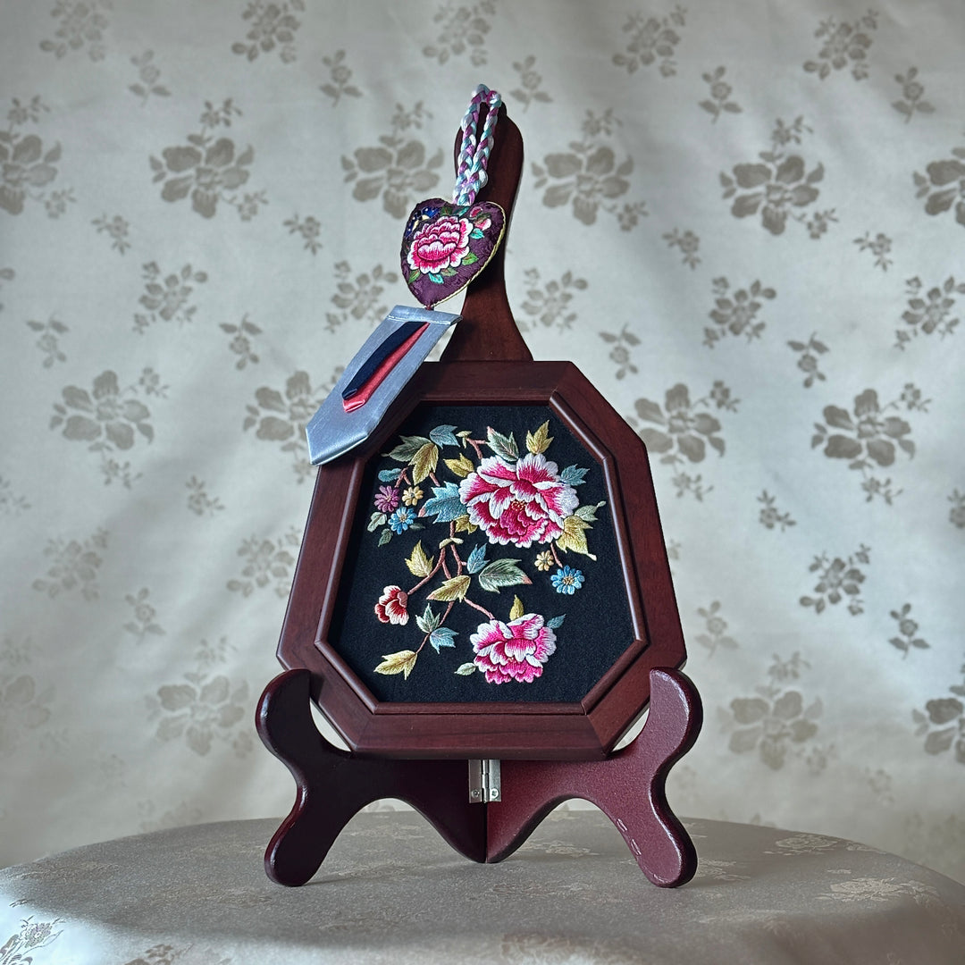 Embroidered Hand Mirror: Large, Octagonal Shape, Peony Garden Motif
