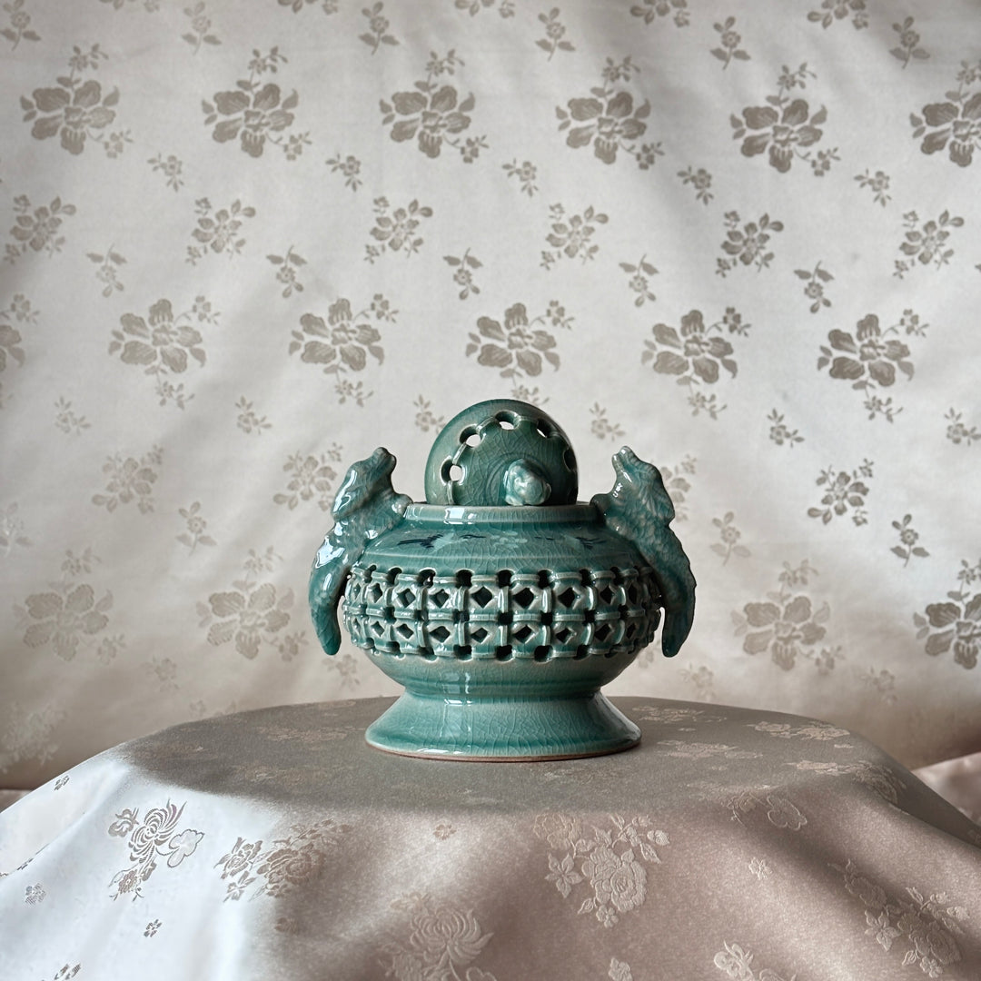 Celadon Incense Burner: Double-Wall Openwork with Inlaid Crane Motif and Dragon Handles