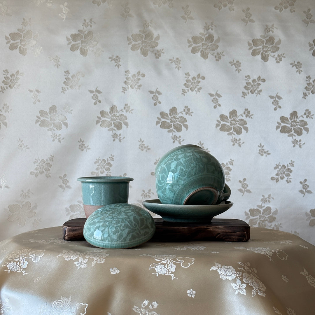 Celadon Lidded Teacup Pair: Reverse Inlaid Peony Motif with White Clay Inlay