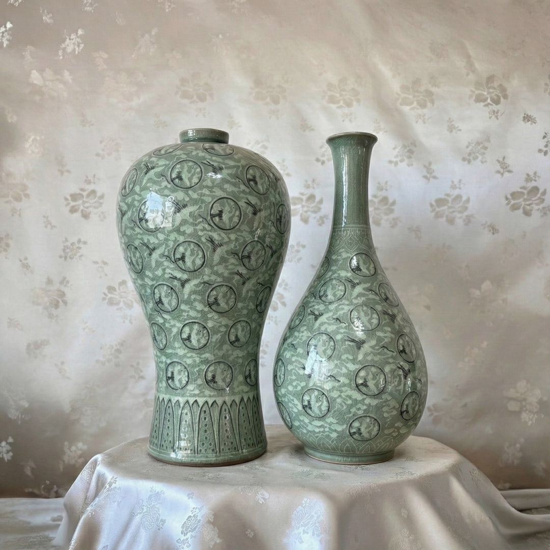 Grand Scale Celadon Vase Set: Inlaid Crane and Cloud Motif