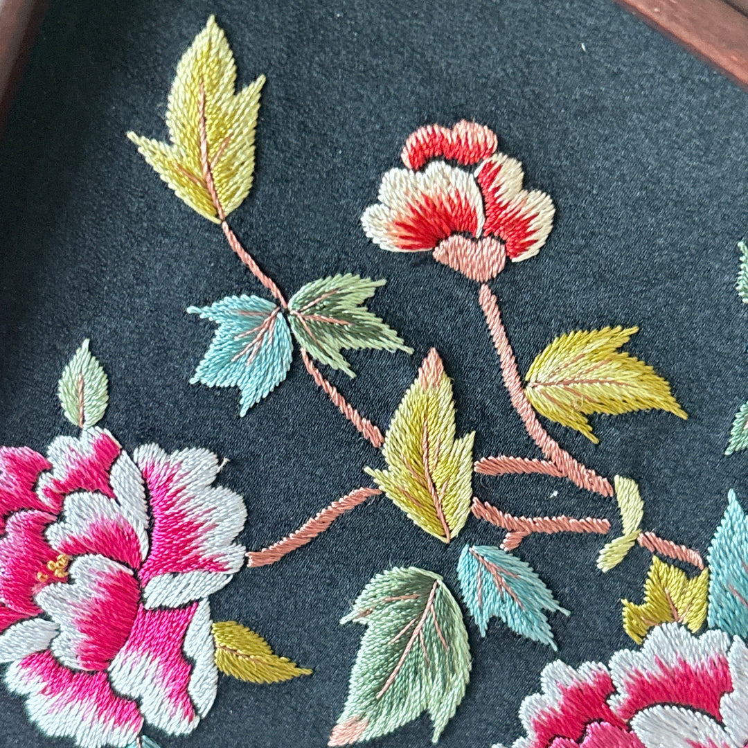 Embroidered Hand Mirror: Large, Octagonal Shape, Peony Garden Motif
