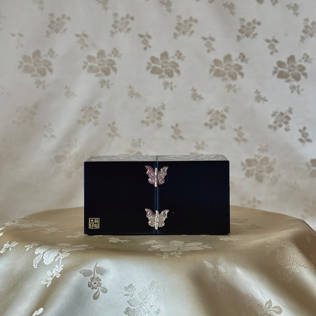 Mother-of-Pearl Double Jewelry Chest: Deep Black Finish with Butterfly and Vine Motif