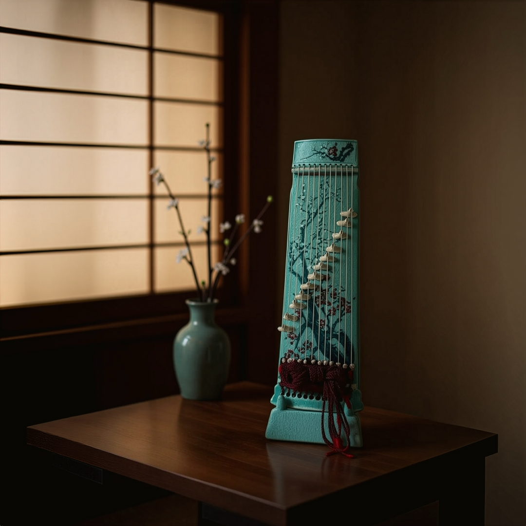 Celadon Sanjo Gayageum with Inlaid Plum Blossoms – A Masterpiece by a Master Artisan