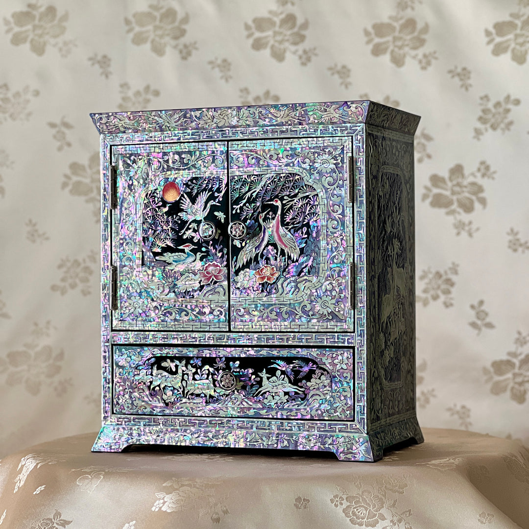 Mother-of-Pearl Double-Door Jewelry Chest: Longevity Motif, Black Ground