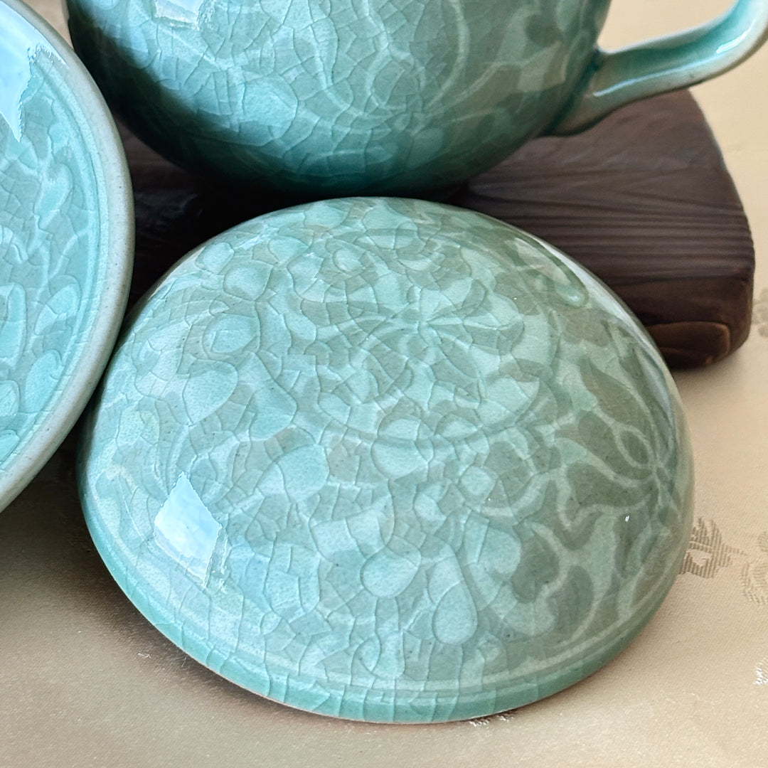 Celadon Lidded Teacup Pair: Reverse Inlaid Peony Motif with White Clay Inlay