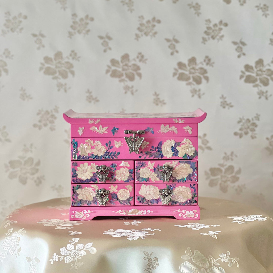 Mother of Pearl Pink Jewelry Box with Butterfly and Peony Pattern (자개 호접 목단문 선비 설합 보석함)
