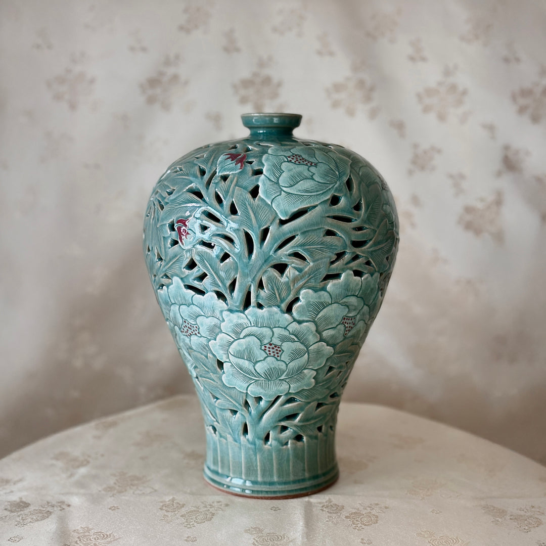 Celadon Vase with Relief-Carved Peony Motif and Double-Wall Openwork