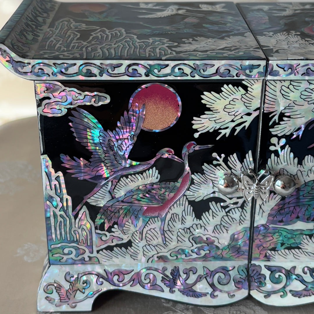 Mother of Pearl Jewelry Chest Pair: Black Body with Pine and Crane Motif in Scholar’s Desk Form