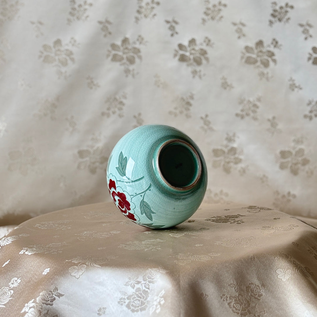 Celadon Vessel (Ho): Peony Motif in White-Slip Sgraffito with Red Clay Accents