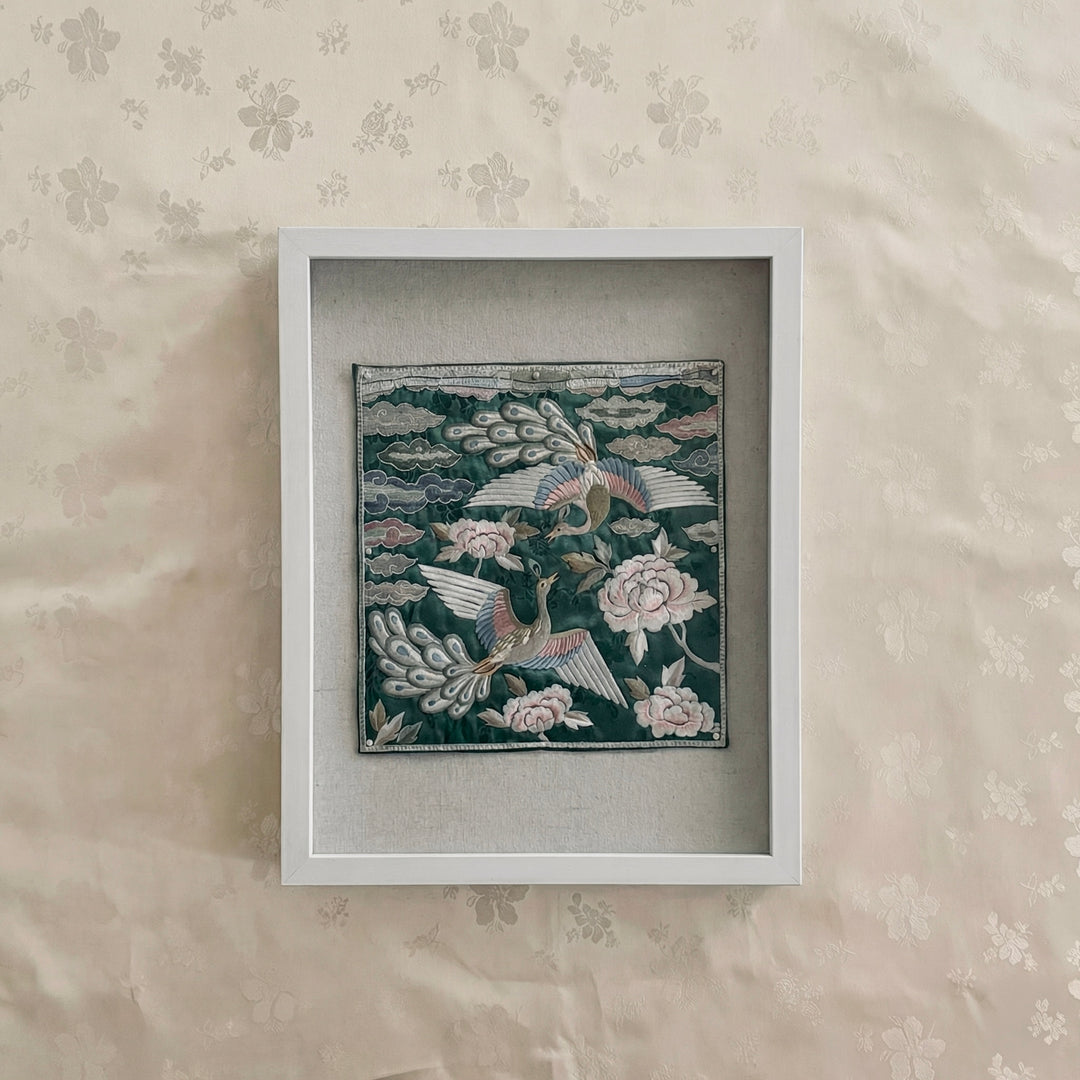 Embroidered Art Panel: Double Peacock and Peony Motif on Green Ground