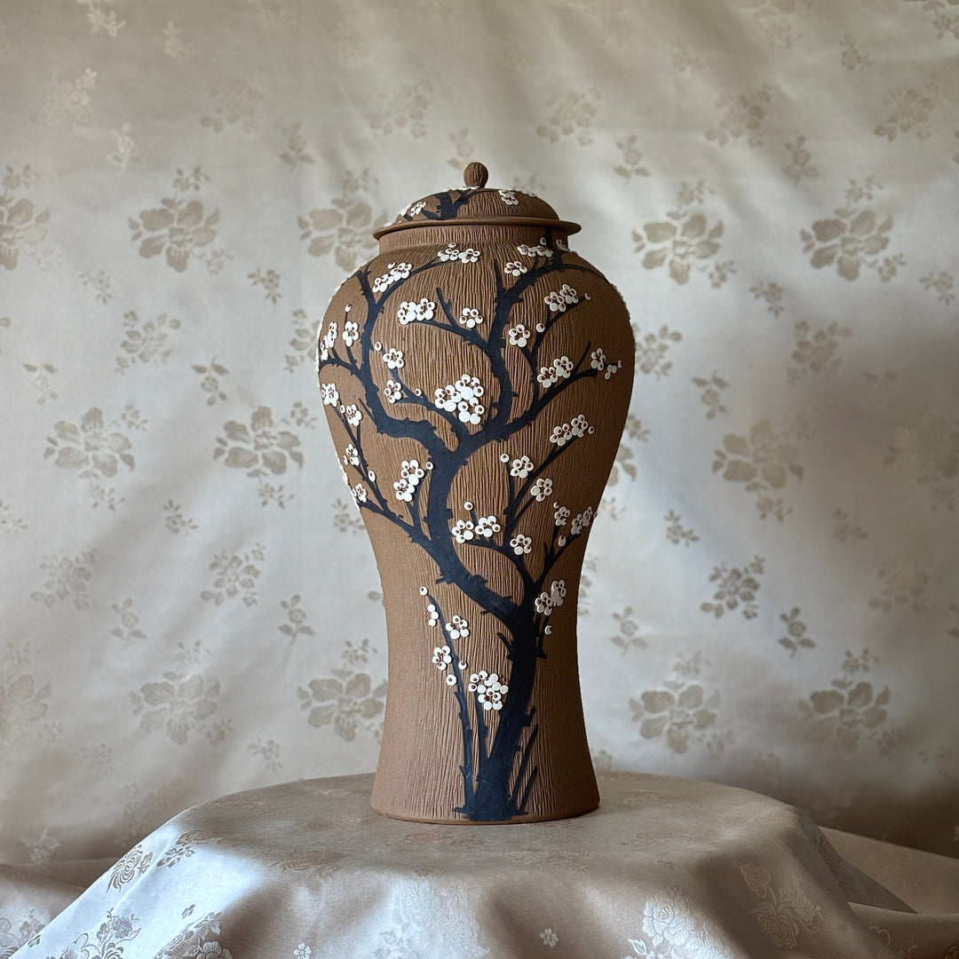 Unglazed Ceramic Maebyeong Jar with Lid: Inlaid Plum Blossom Branches