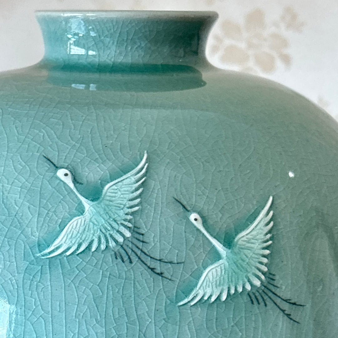 Celadon Vase: High-Relief Pair of Cranes by Master Artisan