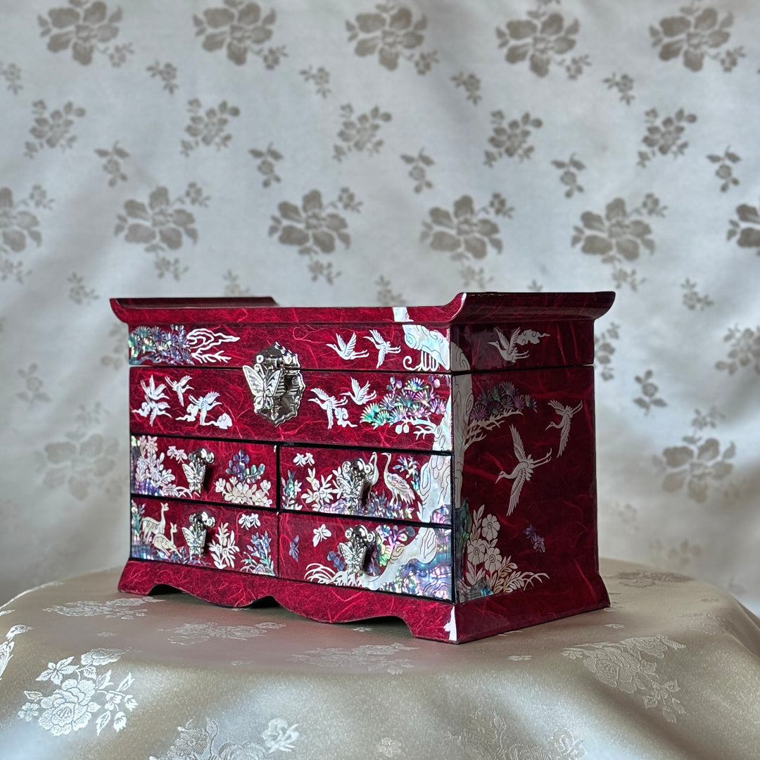 Mother-of-Pearl Jewelry Chest: Red Hanji Body with Crane-and-Pine Motif in Scholar’s Table Form