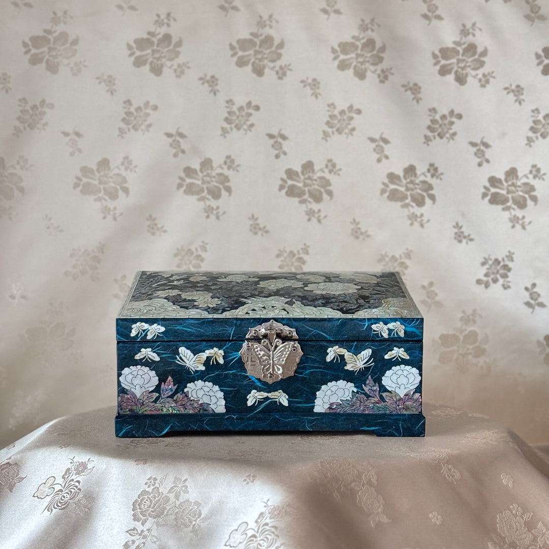 Mother of Pearl Jewelry Box: Butterfly and Peony Motif on Navy Hanji