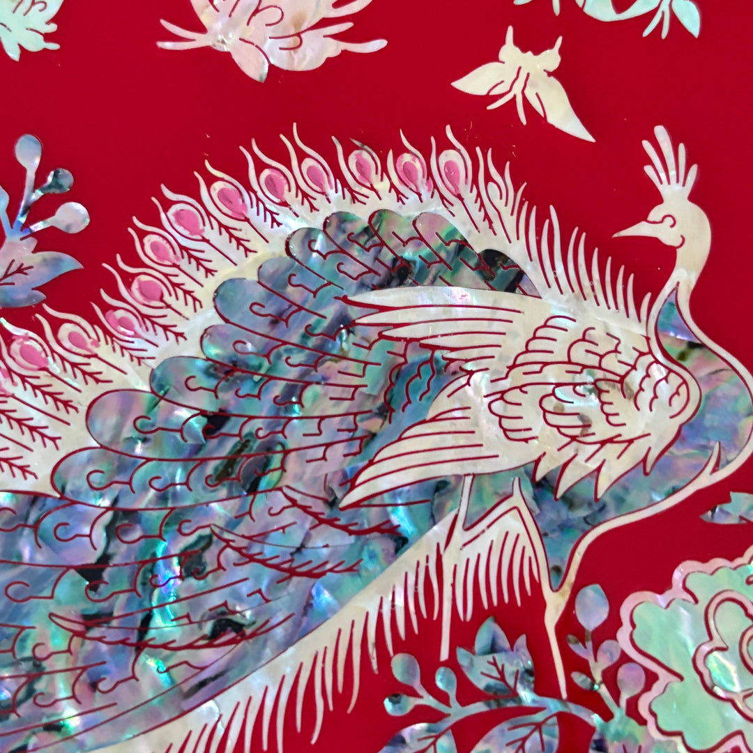 Mother-of-Pearl Jewelry Chest: Red Body with Peacock Motif in Scholar’s Desk Form