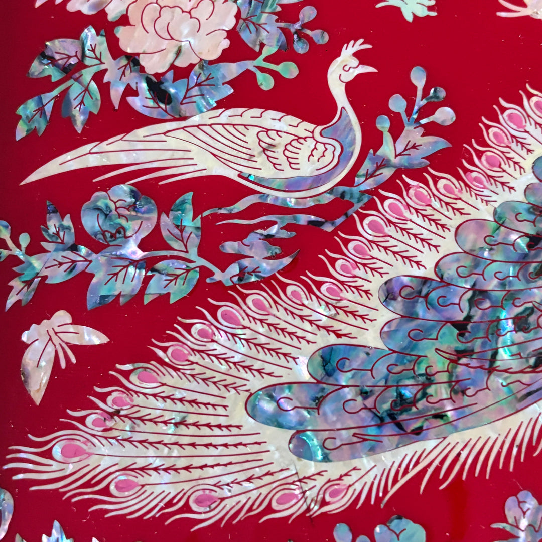 Mother-of-Pearl Jewelry Chest: Red Body with Peacock Motif in Scholar’s Desk Form