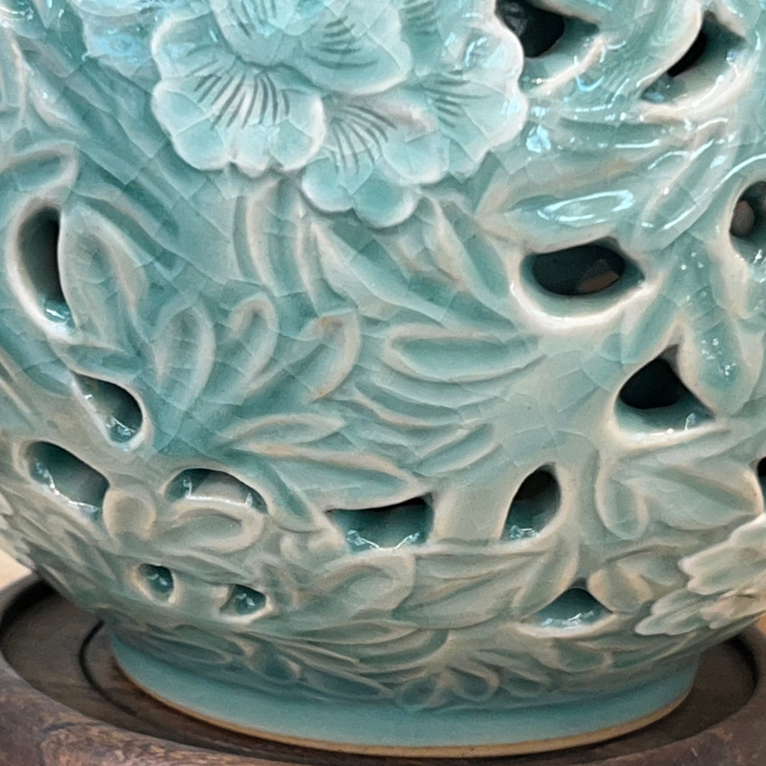 Celadon Vase: Double-Wall Openwork Design with Peony Motif by Master Artisan