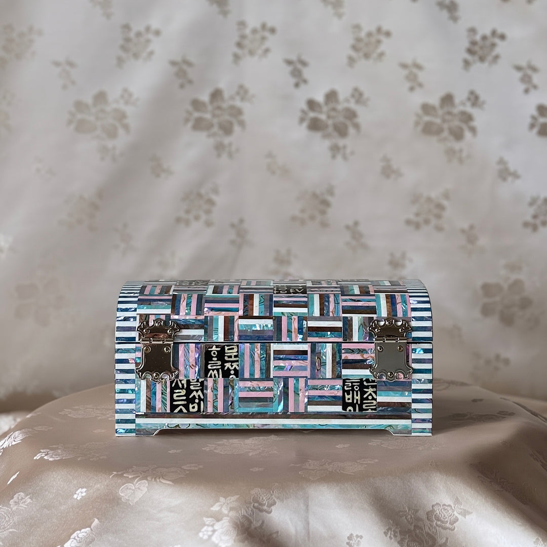 Mother-of-Pearl Arched-Lid Jewelry Box: Geometric Abalone Strip Composition with Hangul Accents
