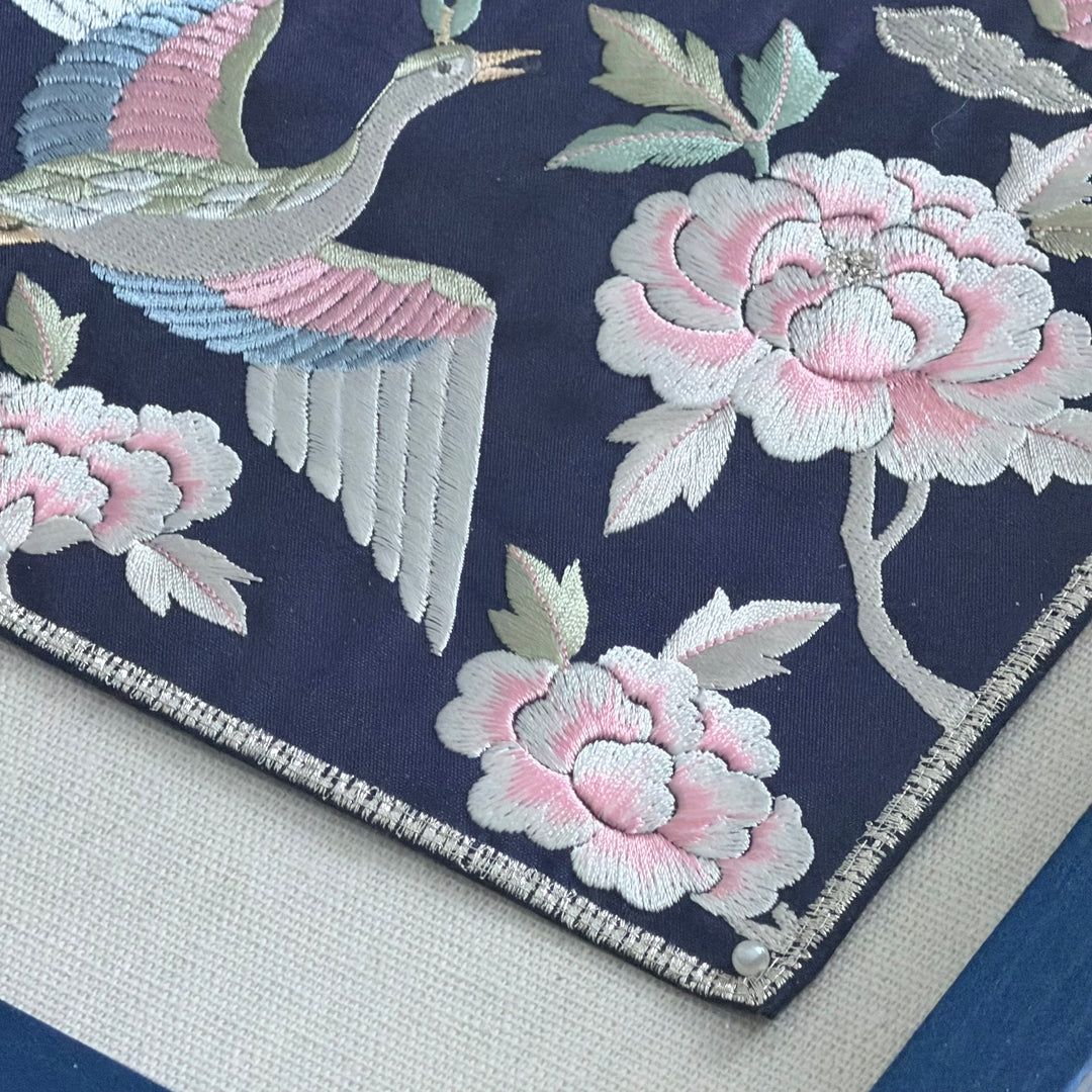Embroidered Art Panel: Peacock Pair and Peony Motif on Navy Ground