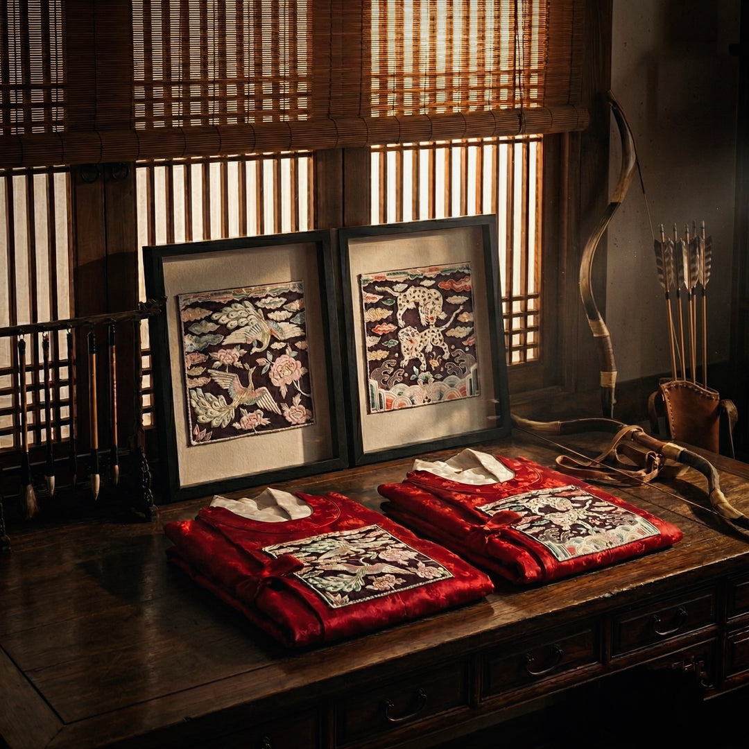 Embroidered Art Panel Set: Paired Tigers and Paired Peacocks