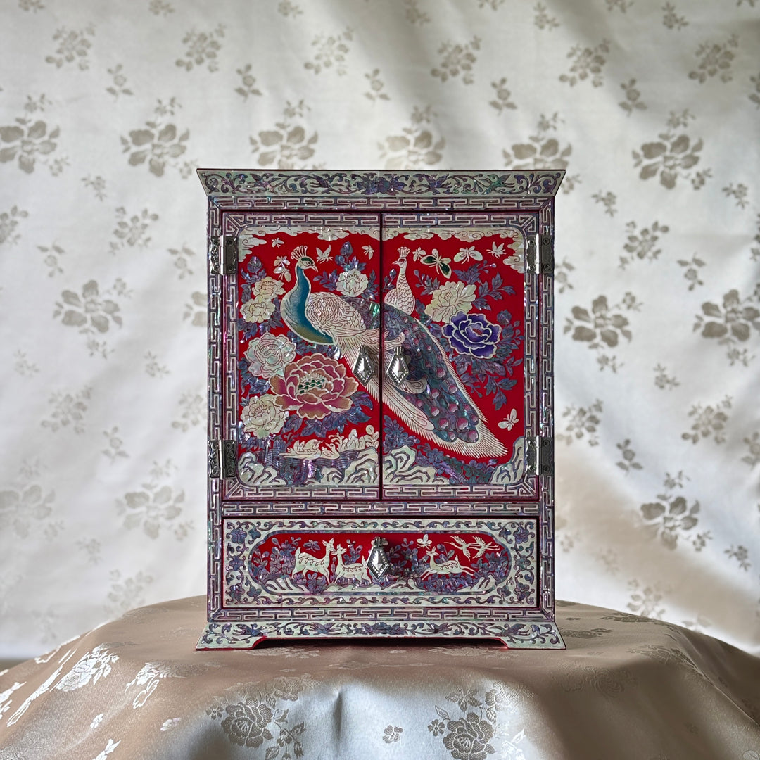 Mother-of-Pearl Double-Doored Jewelry Chest: Grand Scale, Longevity Motif on Red Ground