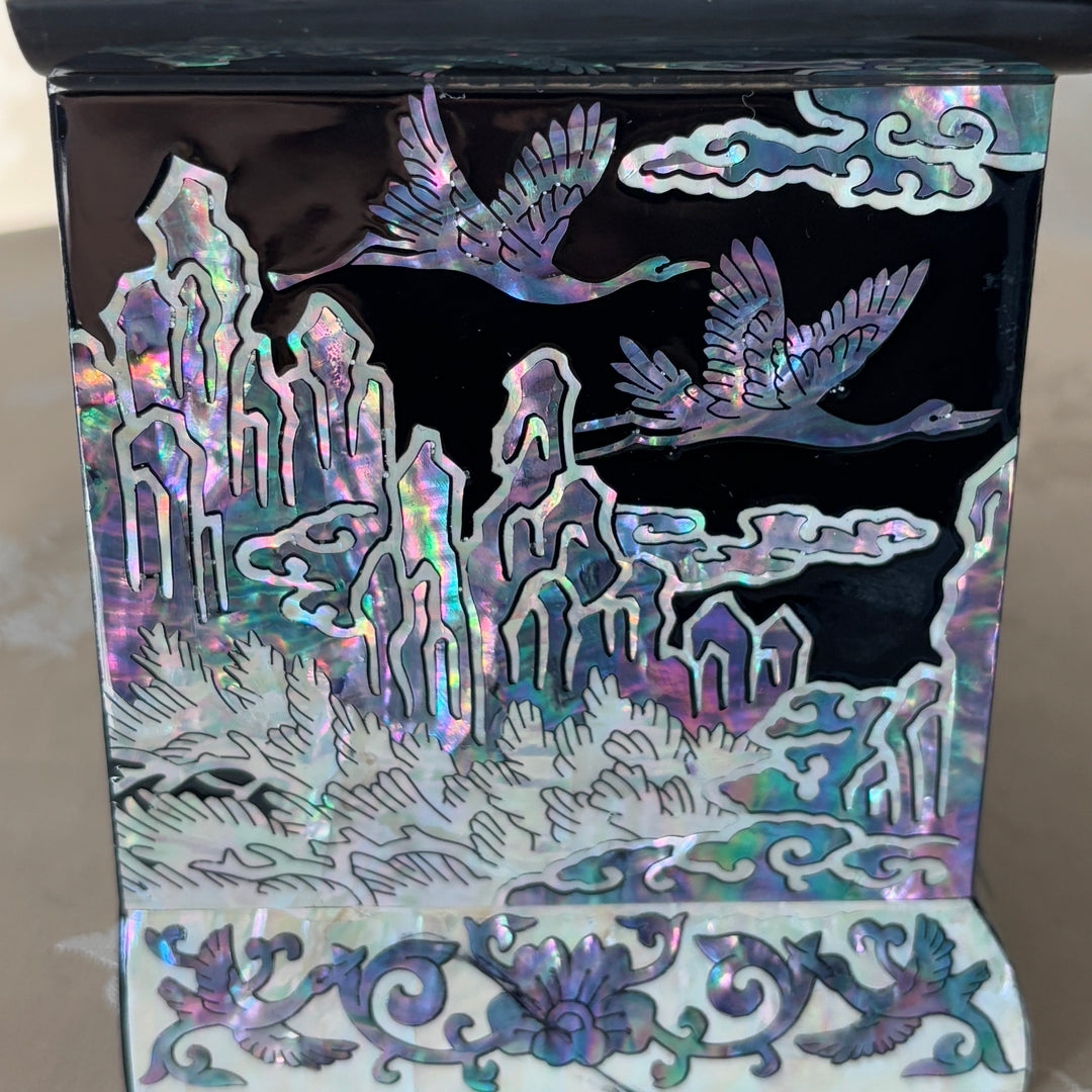 Mother of Pearl Jewelry Chest Pair: Black Body with Pine and Crane Motif in Scholar’s Desk Form