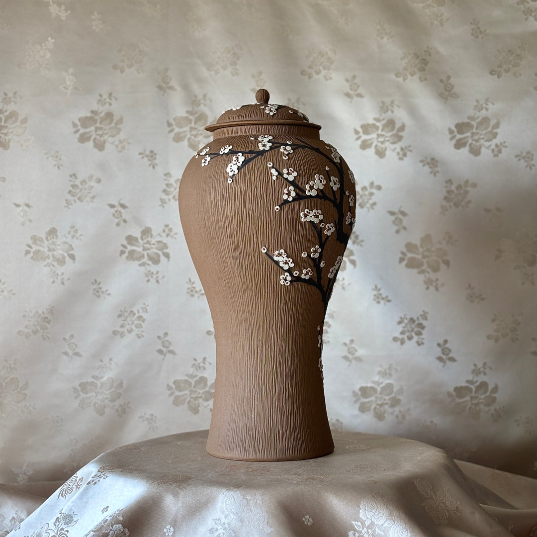 Unglazed Ceramic Maebyeong Jar with Lid: Inlaid Plum Blossom Branches