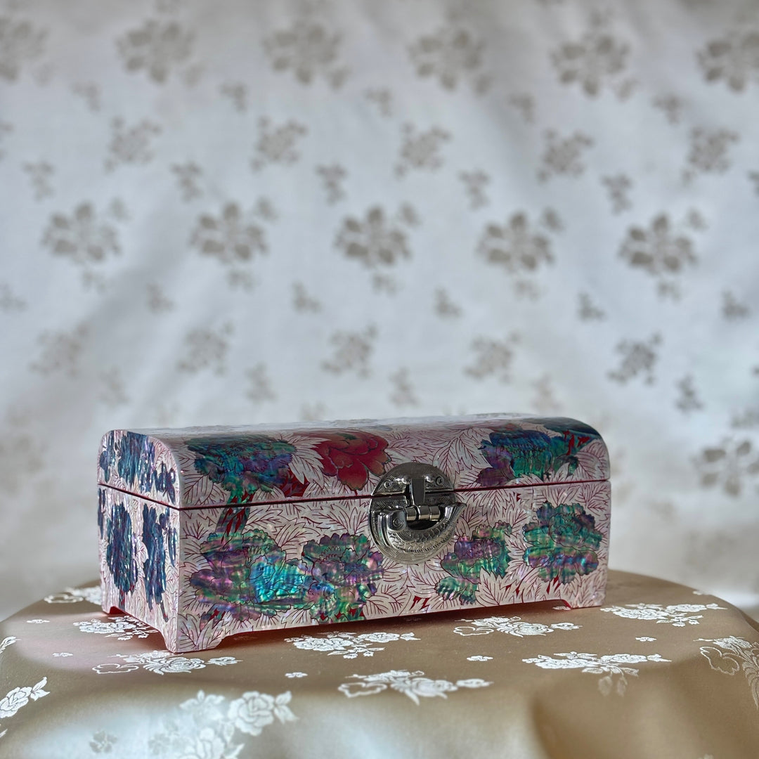 Mother of Pearl Jewelry Box: Butterfly and Peony Motif on Red Ground