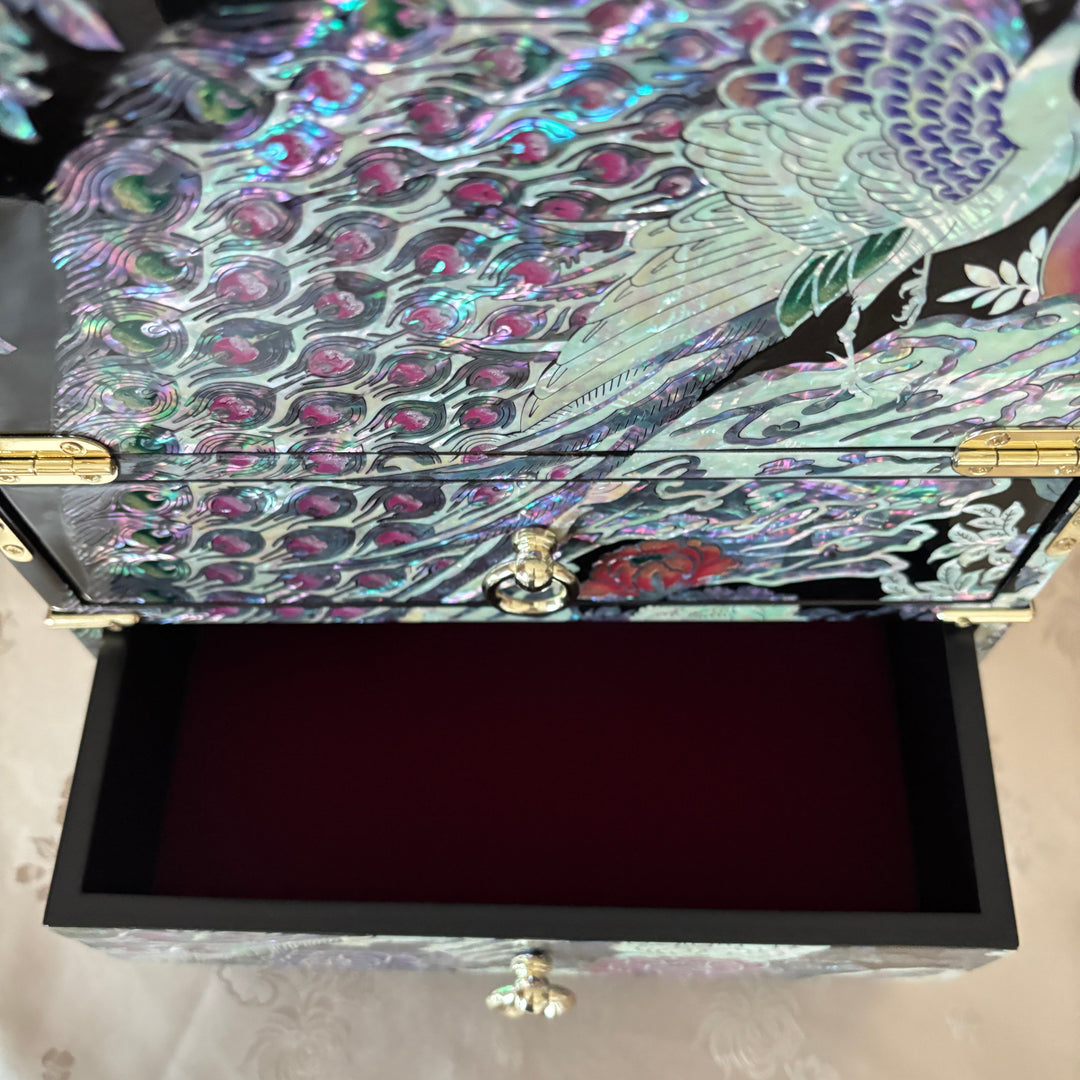 Mother of Pearl Bandaji Chest: Peacock and Peony Motif Jewelry Cabinet