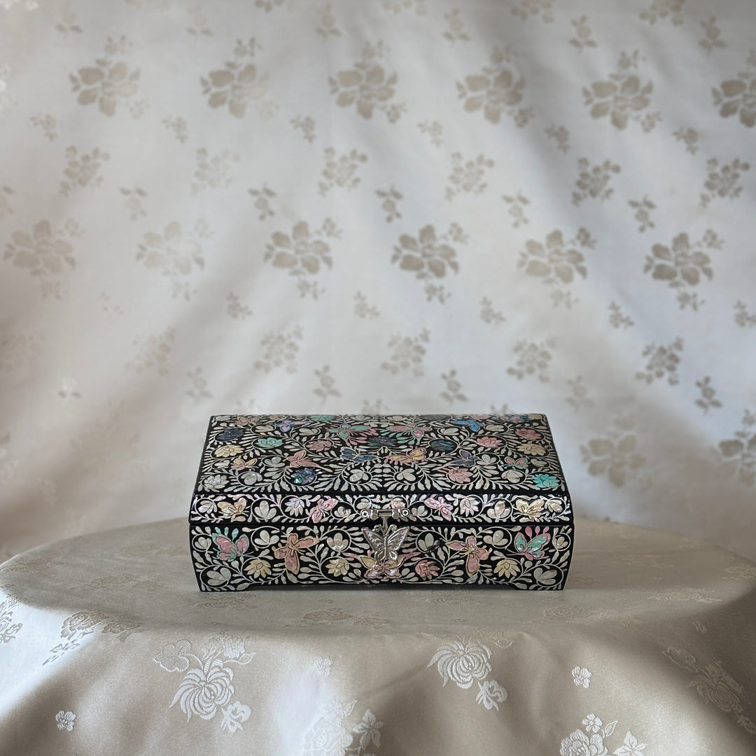 Mother of Pearl Keepsake Box with Butterfly, Lotus, and Arabesque Motifs