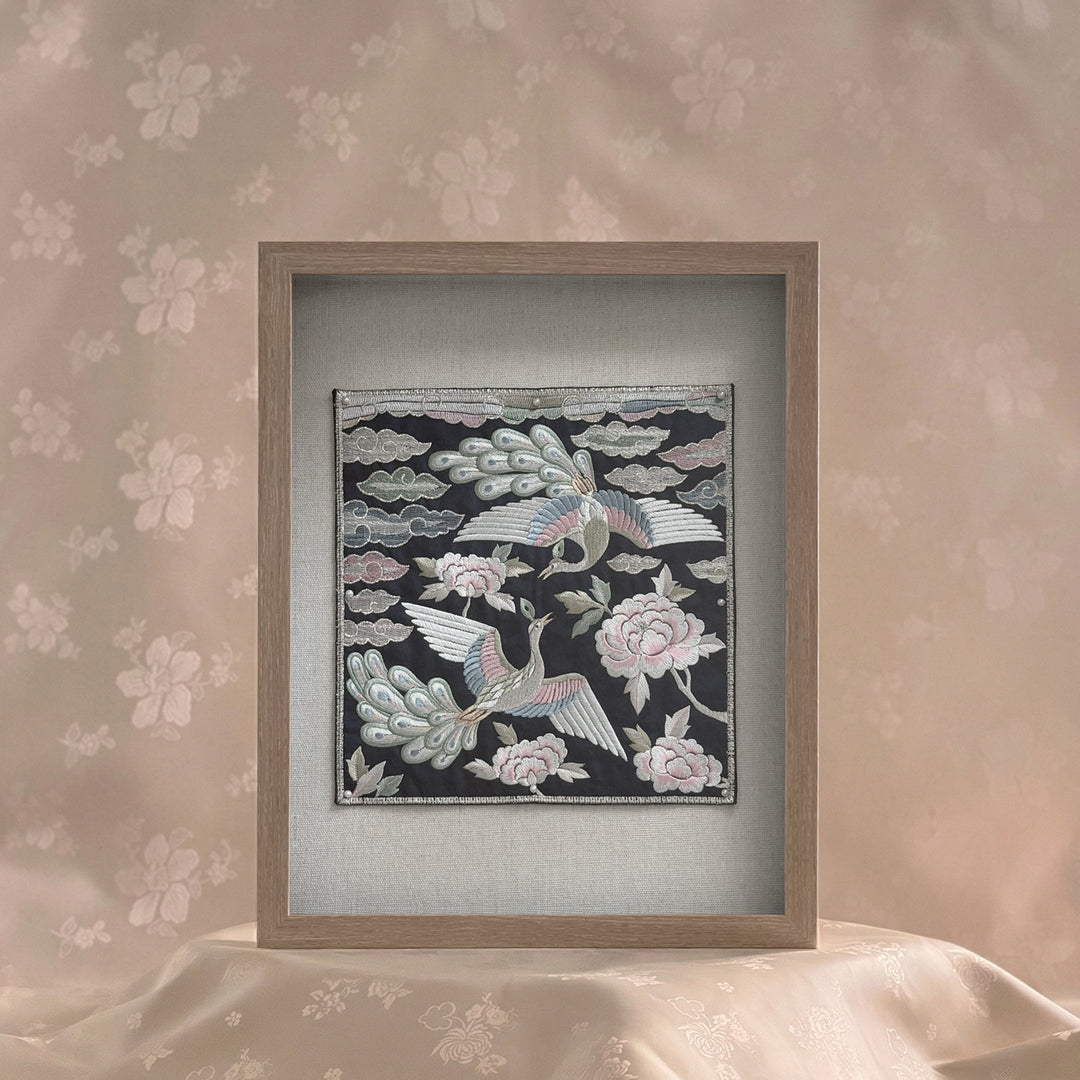 Embroidered Art Panel: Peacock Pair and Peony Motif on Navy Ground