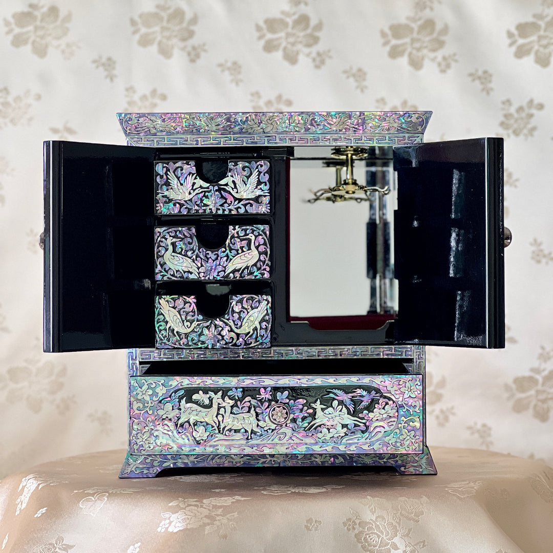Mother-of-Pearl Double-Door Jewelry Chest: Longevity Motif, Black Ground