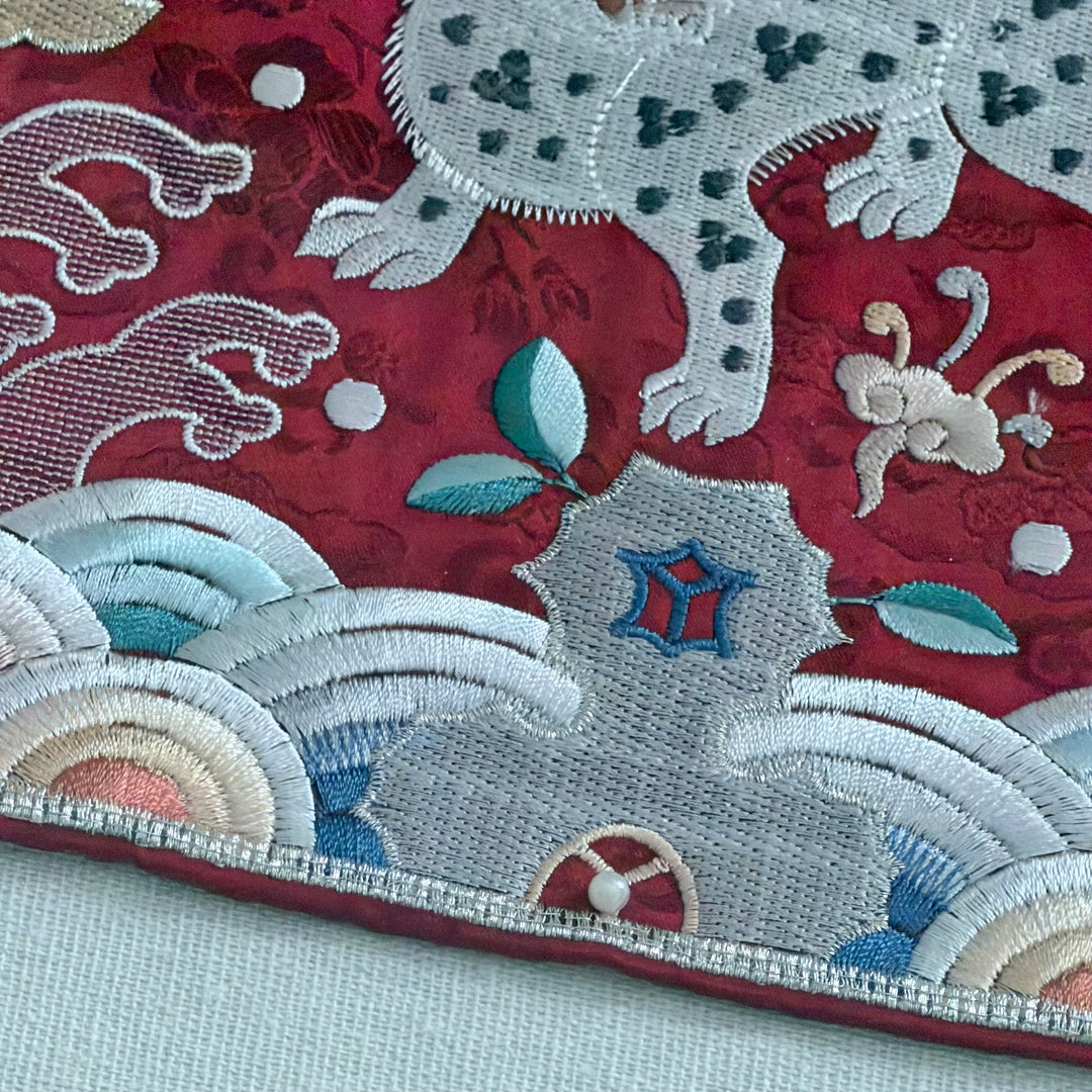 Embroidered Art Panel: Tiger Pair Motif on Red Ground