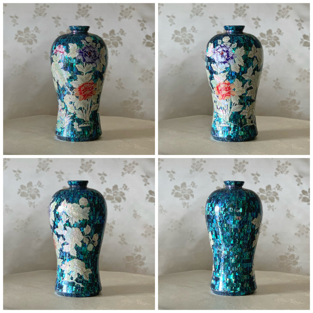 Mother of Pearl Ceramic Set of Two Vases with Peony Pattern (자개 목단문 매병,주병 세트)