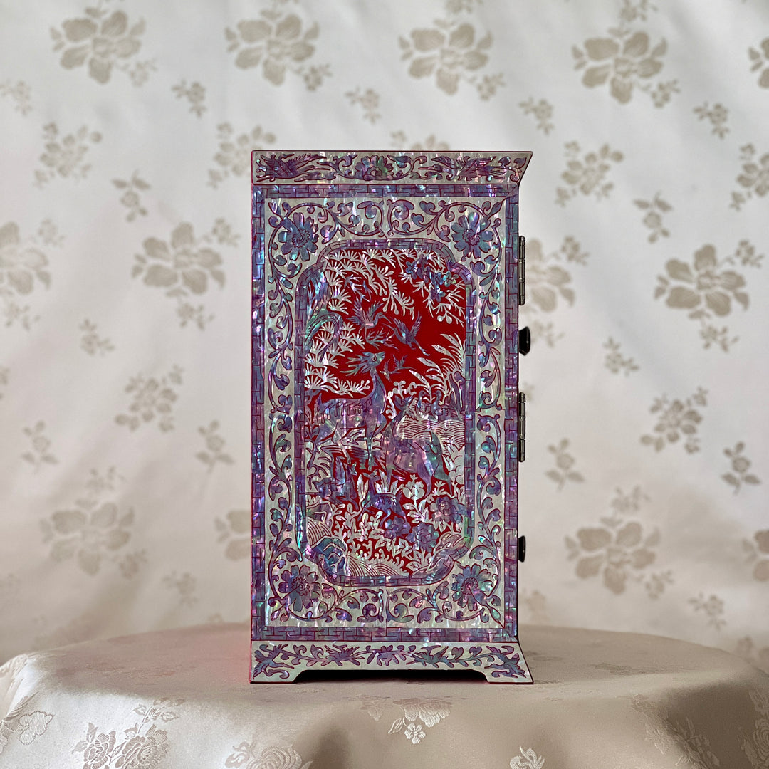 Mother-of-Pearl Double-Door Jewelry Chest: Longevity Motif, Red Ground