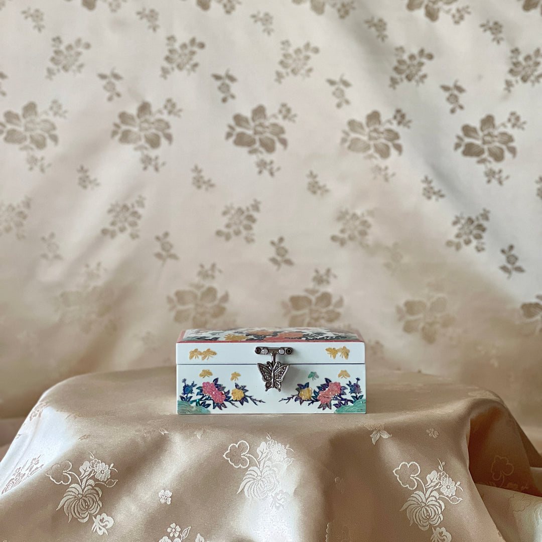 Mother-of-Pearl Jewelry Box: Peony and Bird Floral Motif on White Ground