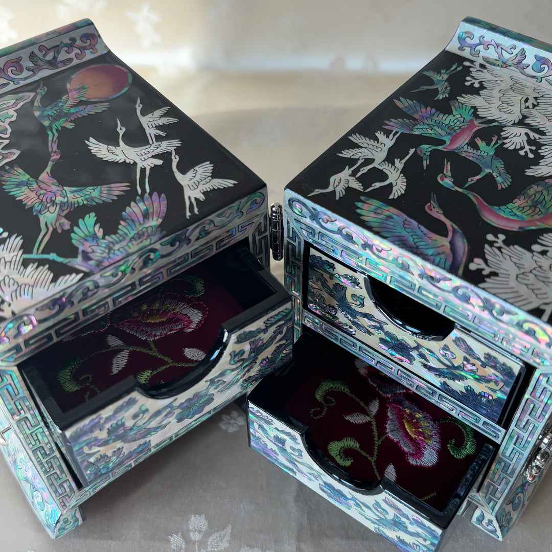 Mother of Pearl Jewelry Chest Pair: Black Body with Pine and Crane Motif in Scholar’s Desk Form