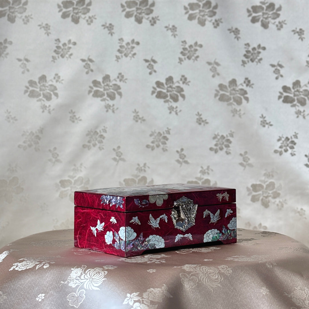 Mother of Pearl Jewelry Box: Butterfly and Plum Blossom Motifs on Red Hanji