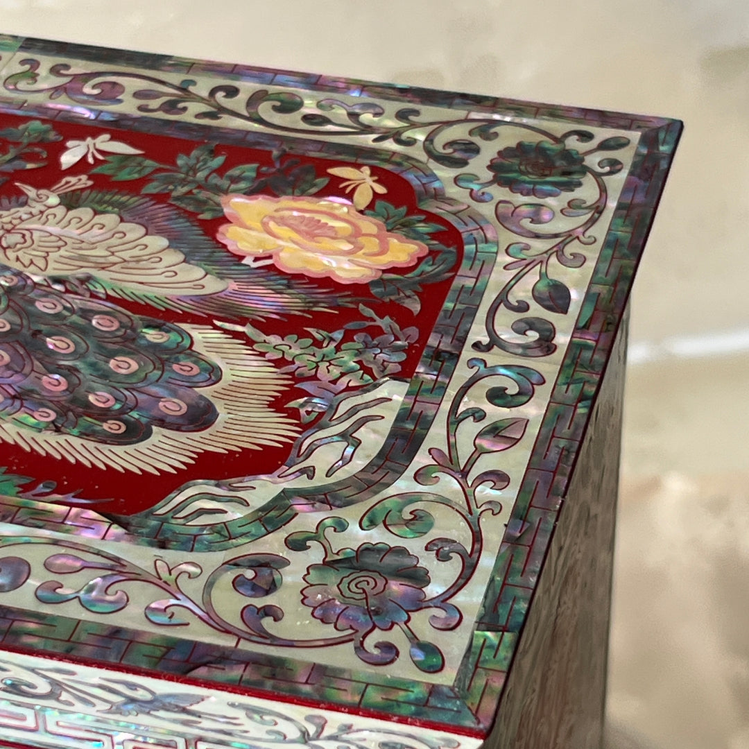 Mother-of-Pearl Double-Doored Jewelry Chest: Grand Scale, Longevity Motif on Red Ground