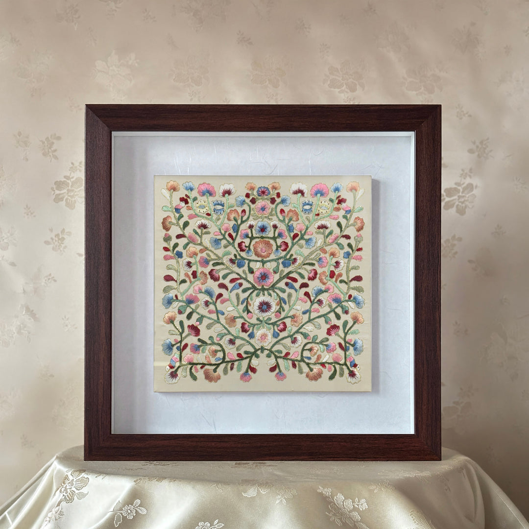 Embroidered Art Panel: Scrolling Vine (Dangcho) and Peony Motif on Beige Silk