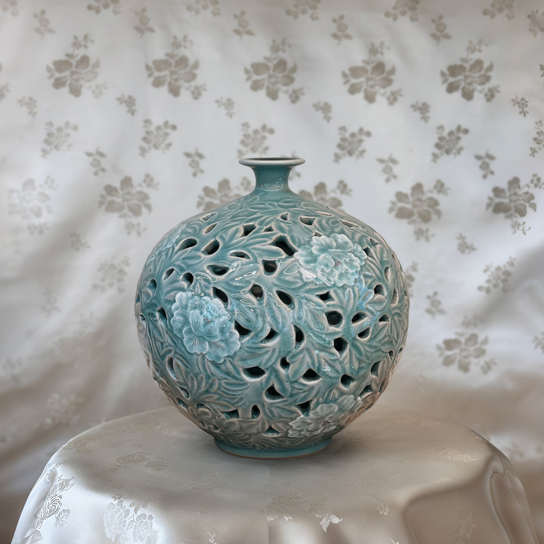 Celadon Vase: Double-Wall Openwork Design with Peony Motif by Master Artisan