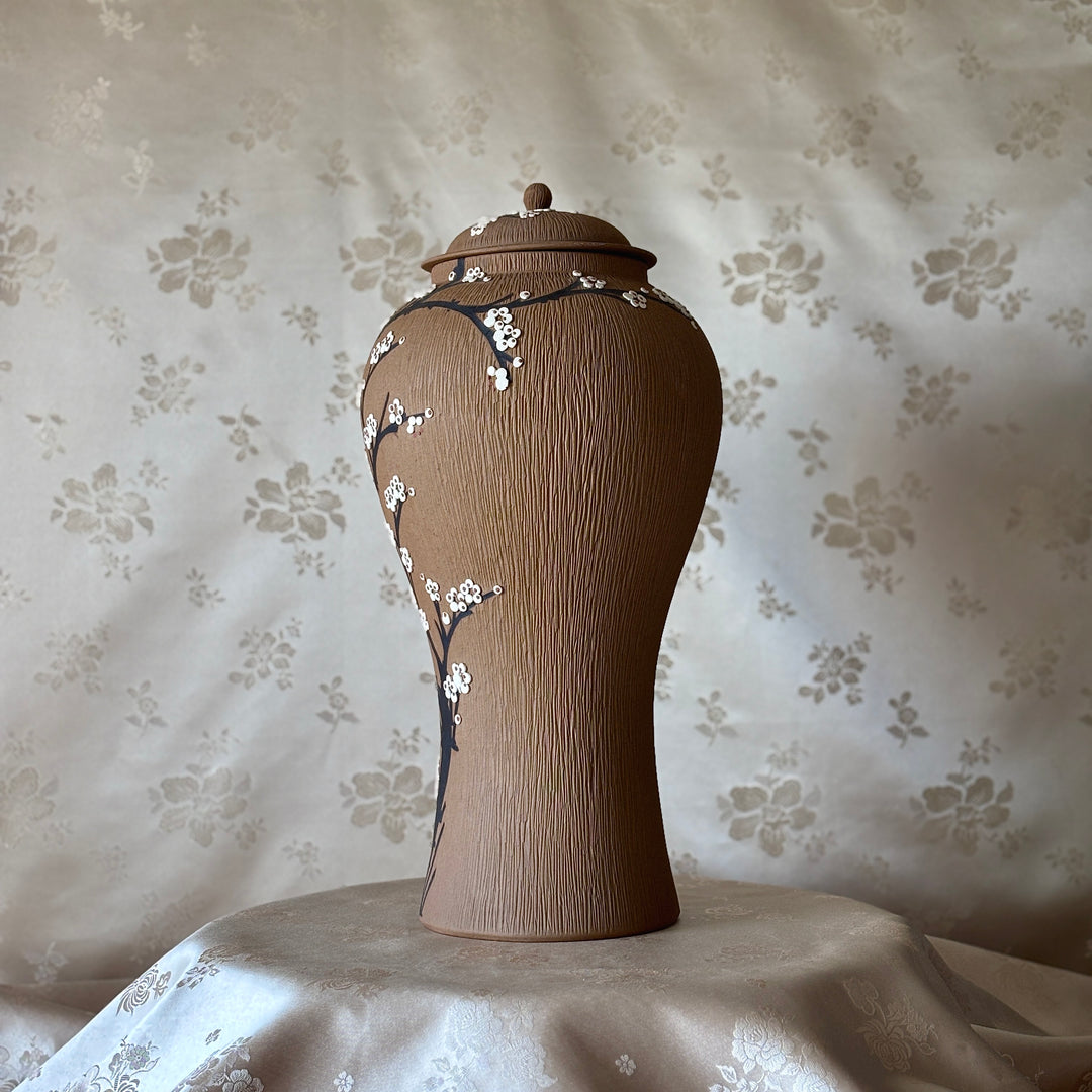 Unglazed Ceramic Maebyeong Jar with Lid: Inlaid Plum Blossom Branches
