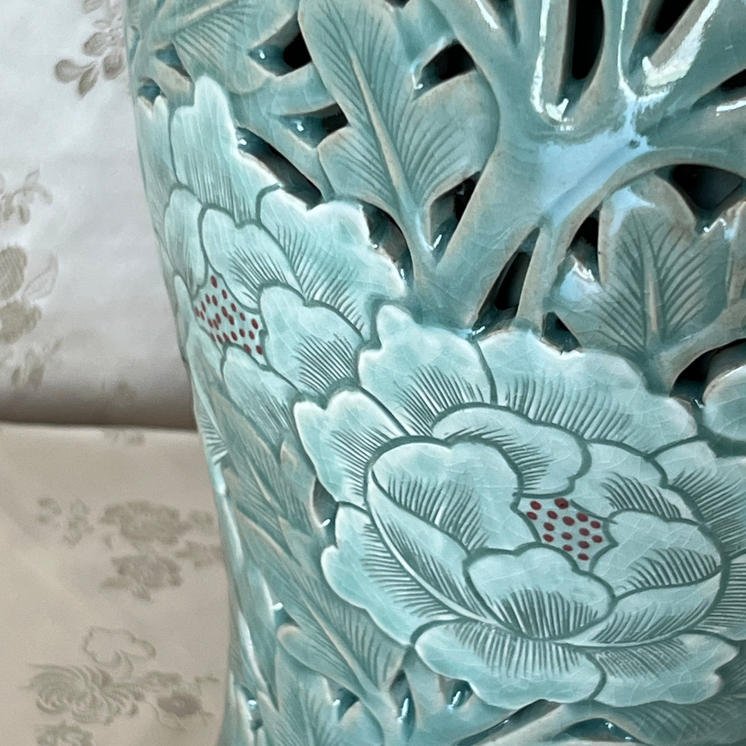 Celadon Double-Walled Openwork Vase: Sgraffito (Bakji) with Peony Motif