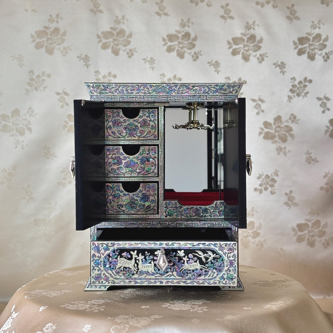 Mother of Pearl Double-Door Jewelry Chest: Symbol of Longevity Motif