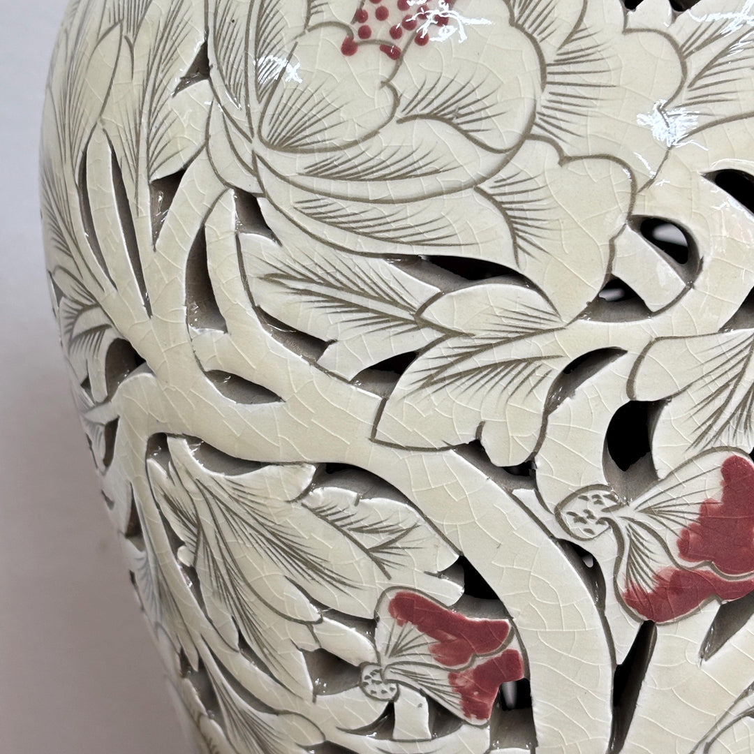 Grand-Scale Buncheong Openwork Vase Set: White Slip with Carved Peony Motif,