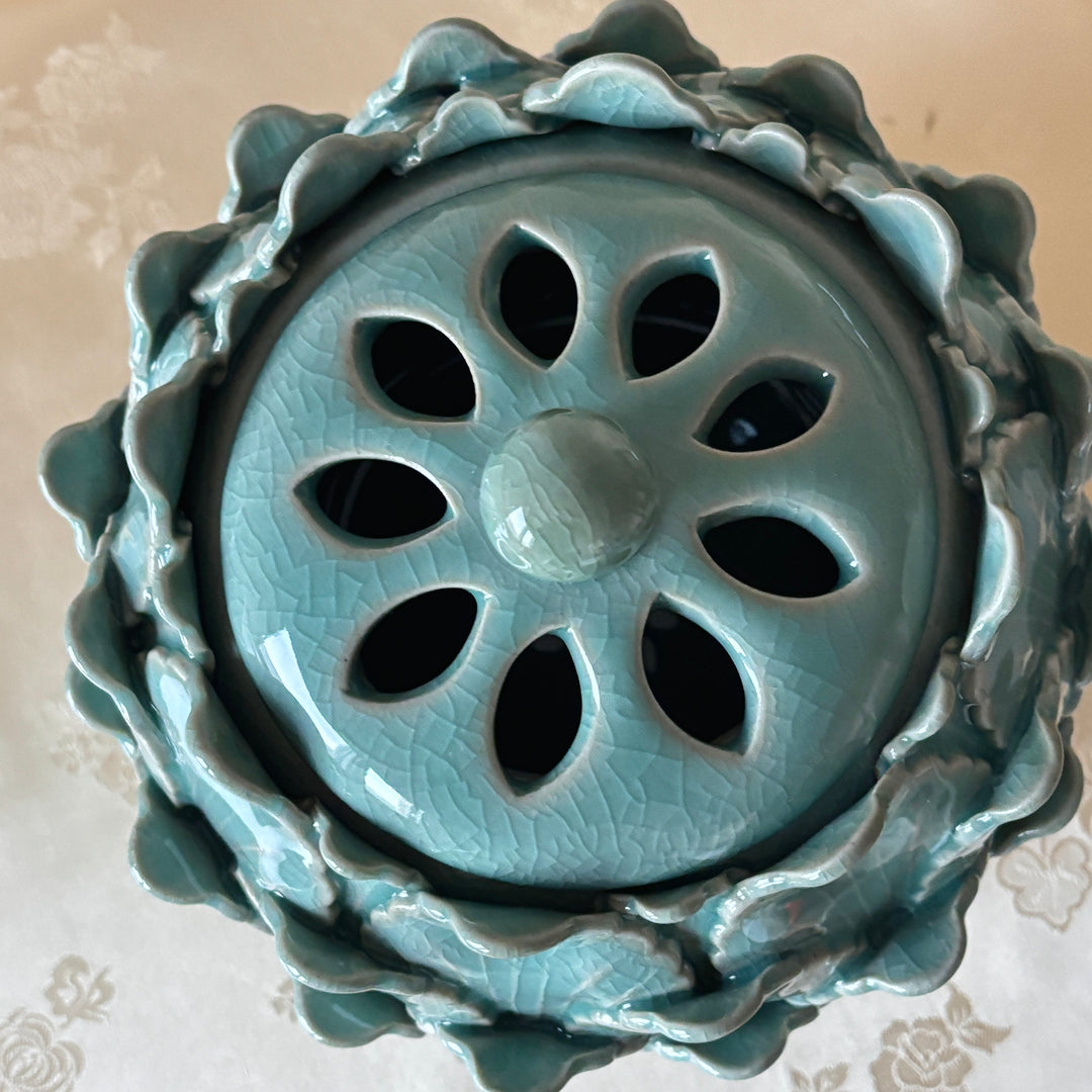 Celadon Incense Burner: Grand Scale with Lotus Motif and Openwork Lid