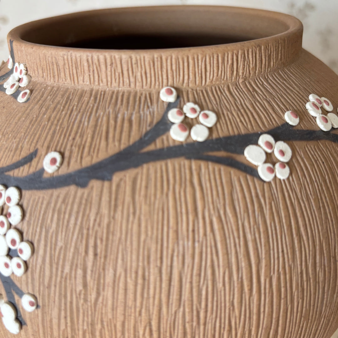 Unglazed Ceramic Maebyeong Jar with Lid: Inlaid Plum Blossom Branches
