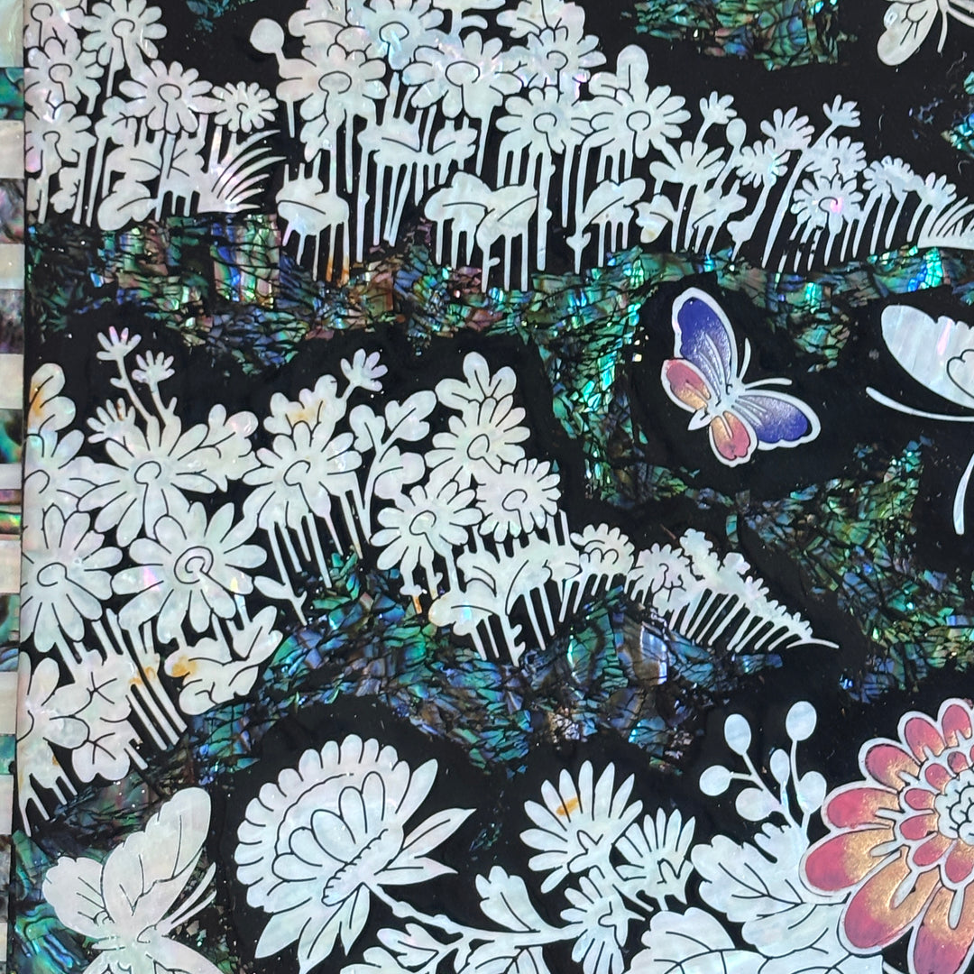 Mother of Pearl Octagonal Tray: Chrysanthemum and Butterfly on Abalone