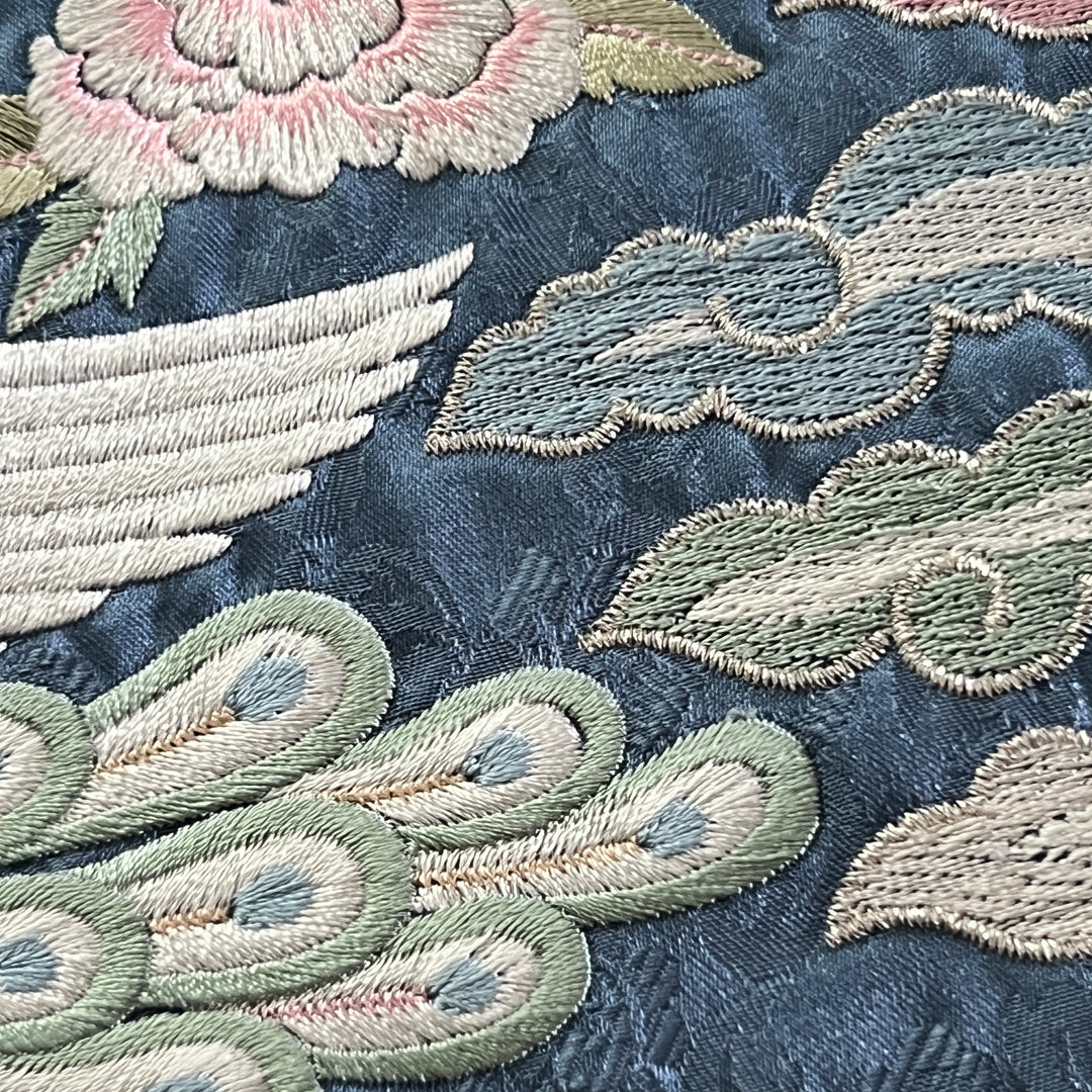 Embroidered Art Panel: Double Peacock and Peony Motif on Deep Blue Ground