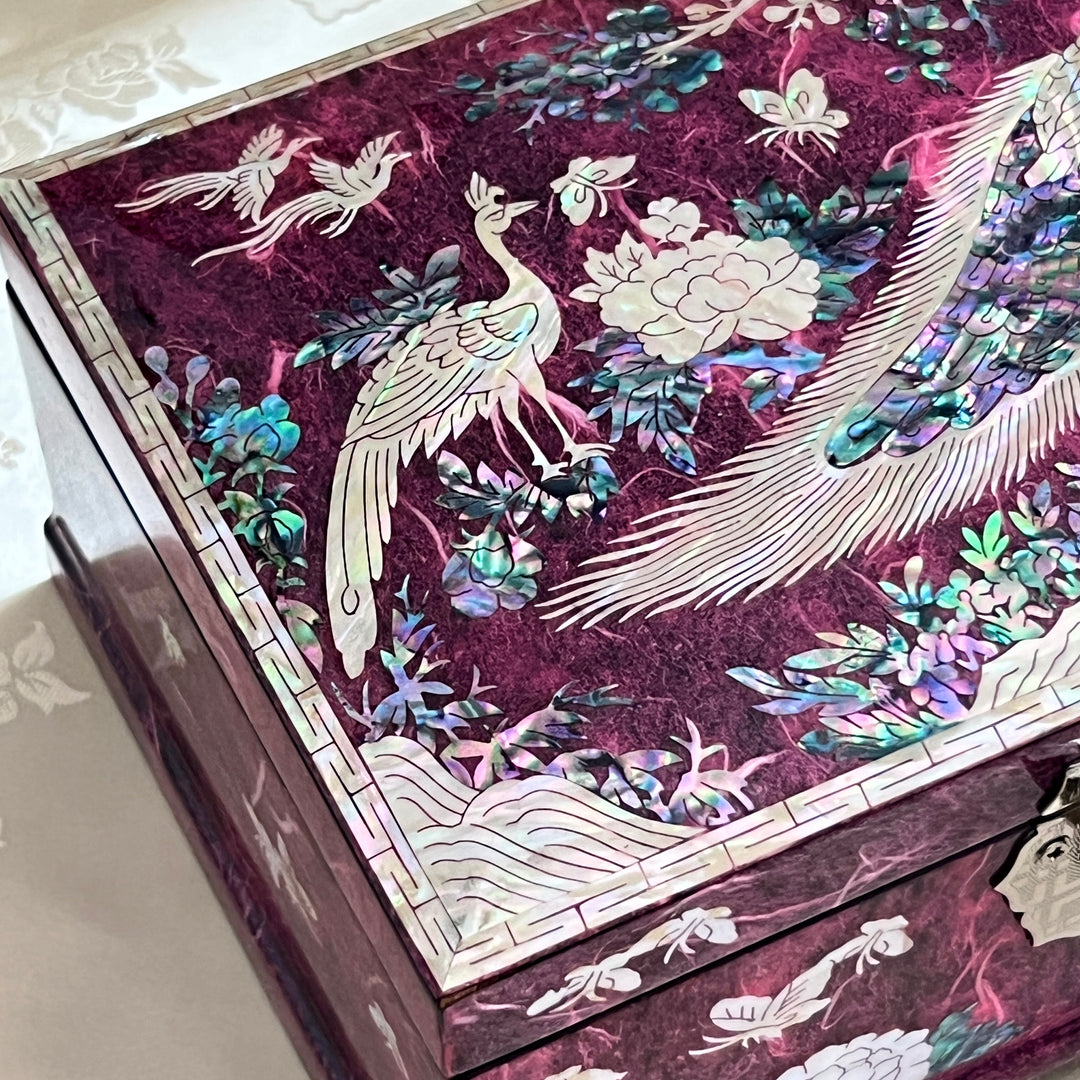Mother of Pearl Jewelry Box: Peacock and Peony Motif on Deep Purple Hanji Body